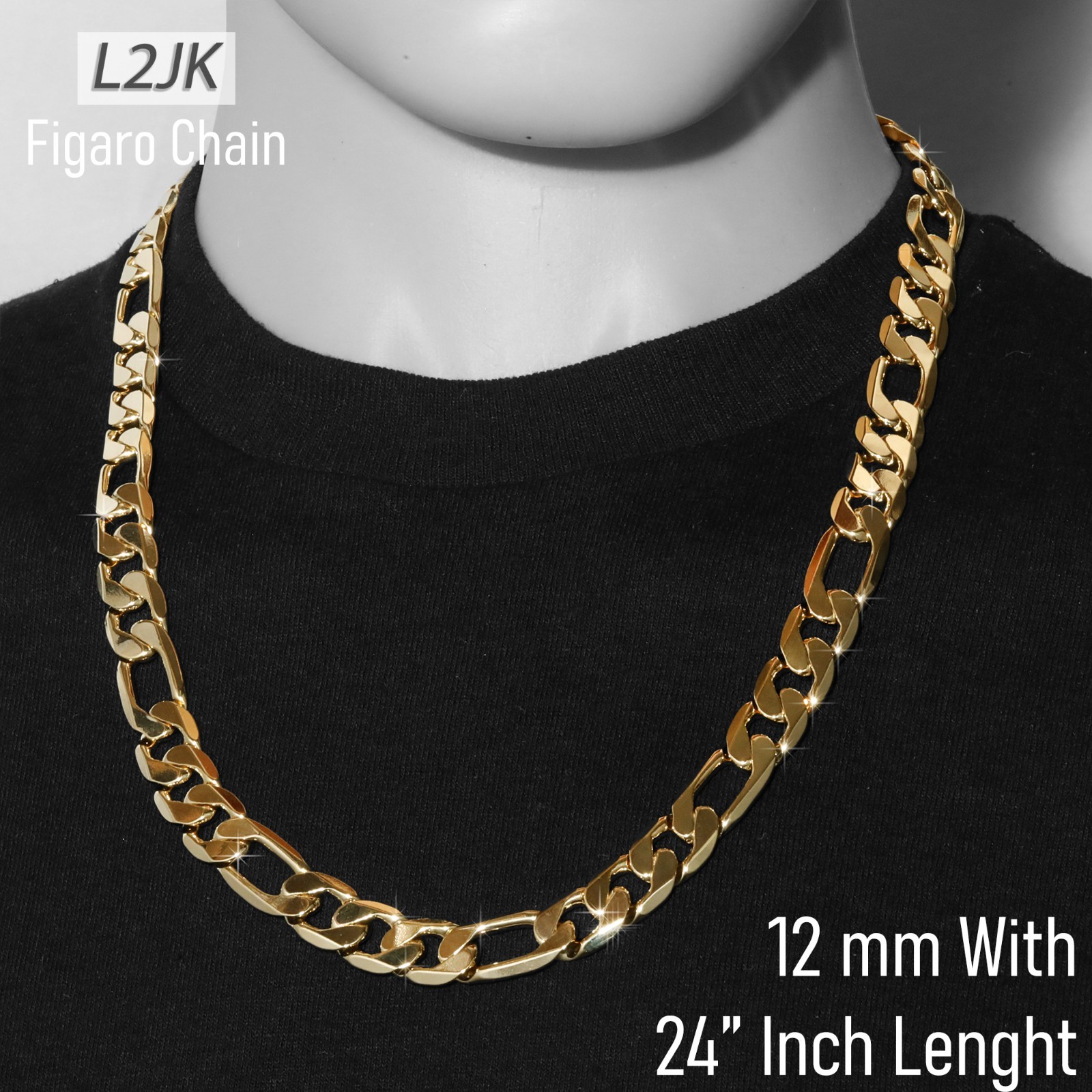 Italy Figaro Chain Link 14K Gold Plated 12mm 24″ Hip Hop Fashion For Men & Women