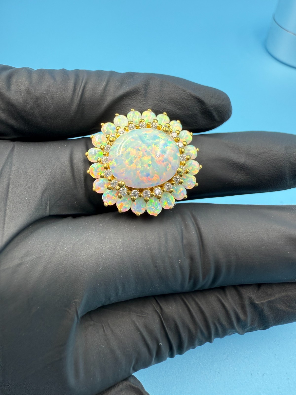 3.20Ct Oval Cut Genuine Fire Opal Cluster Engagement Ring 14K Yellow Gold Plated