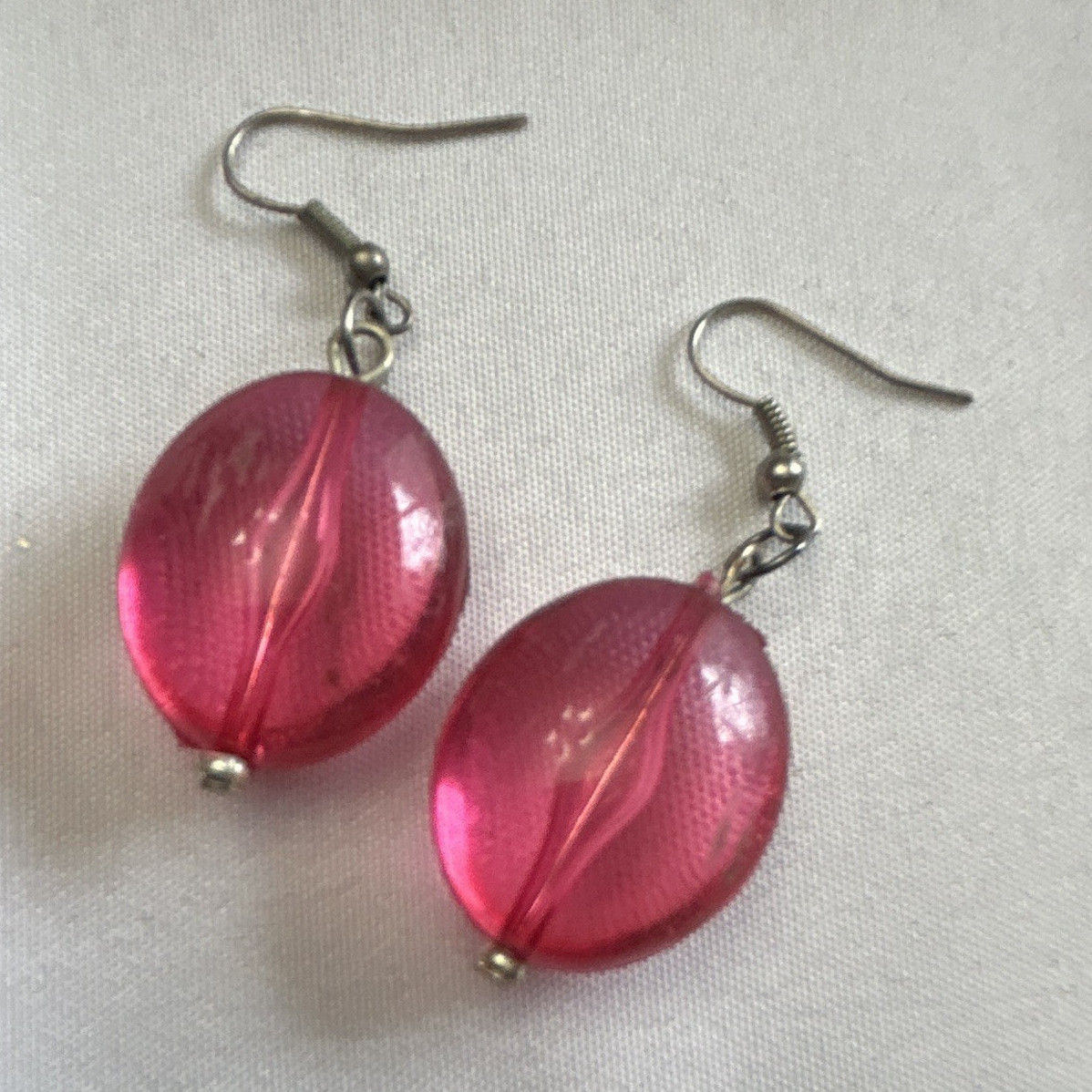 Pink Oval Plastic Dangle/Drop Earrings for Lobe, Hook Closure, No Stone