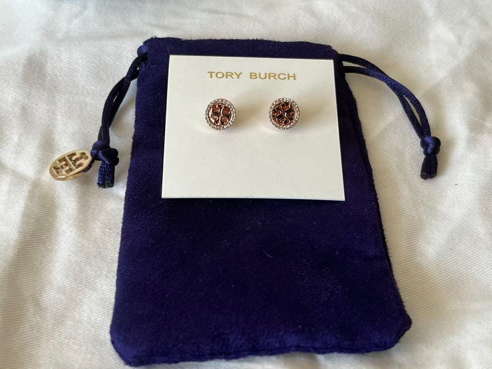 Authentic Tory Burch Miller Pave Stud Earrings Rose Gold