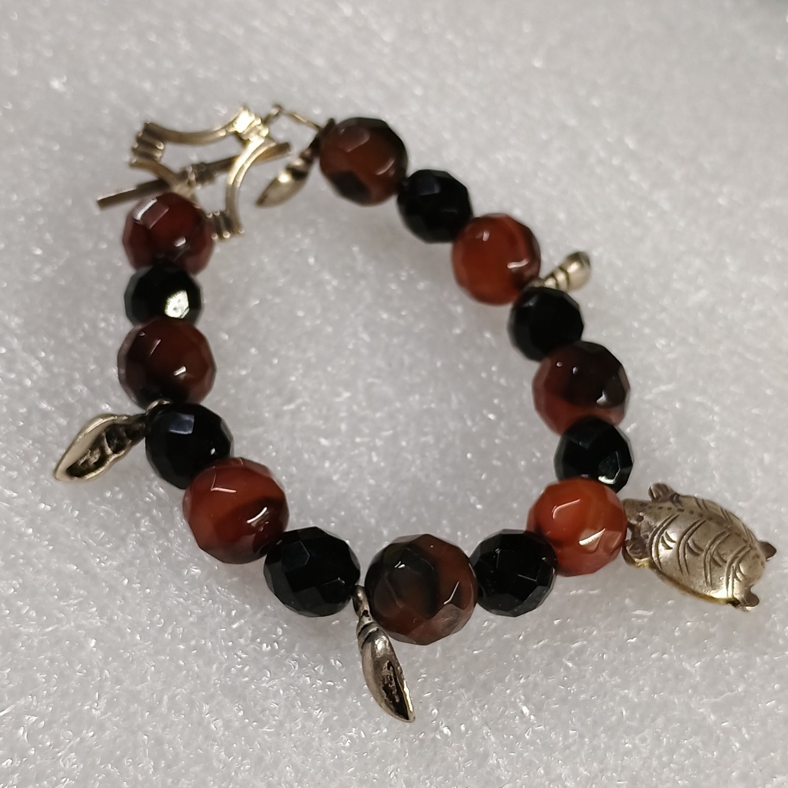 Multi-Strand Layered Black Red Beaded Necklace w/ Round Agate Turtle Charms .925