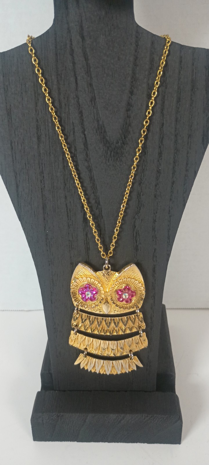 Vintage Articulated Gold Tone Owl Pendant Necklace With Pink Floral Eyes