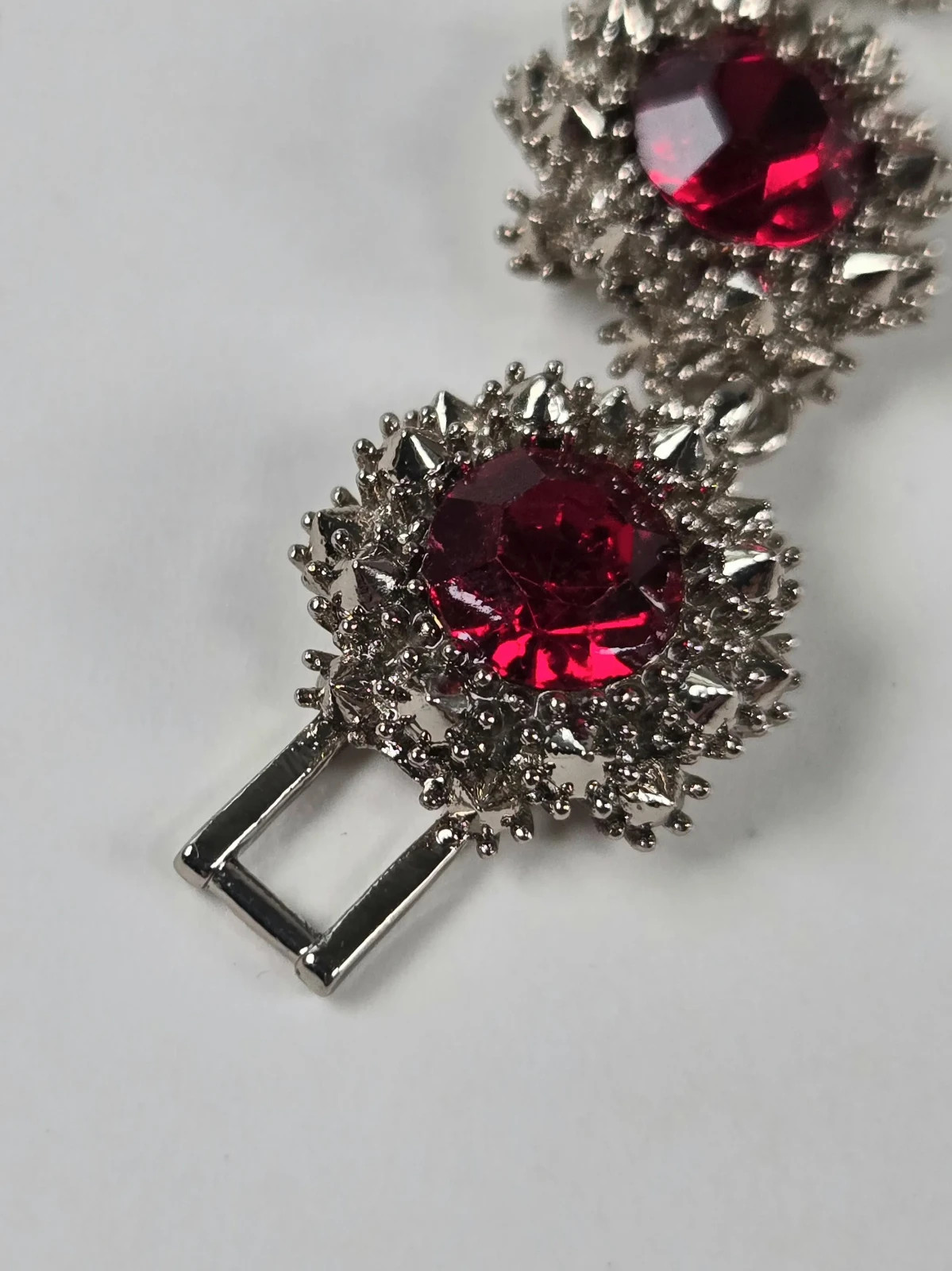 Simulated Red Statement Choker, Rhinestone Silver Tone Necklace