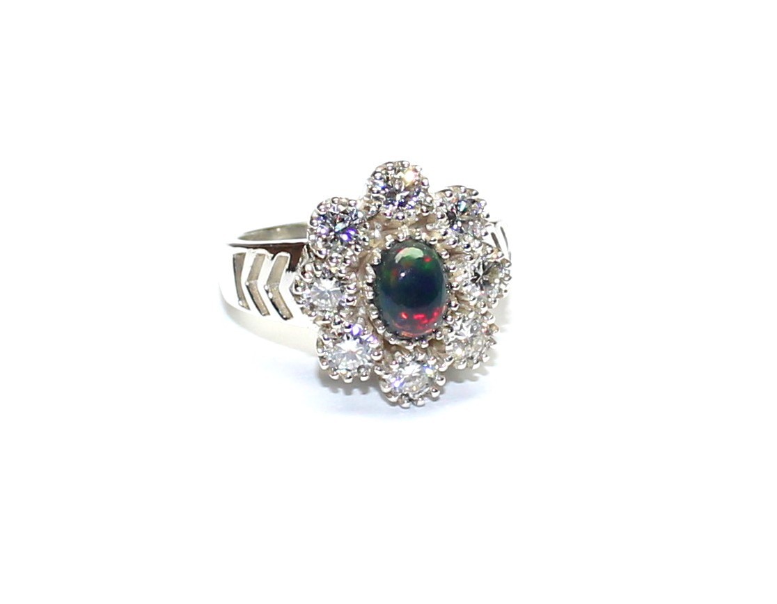 Black Opal Ring, Sparkle Moissanite 925 Silver Ring, Unique Engagement Jewelry