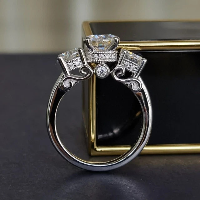 3.50Ct Round Moissanite 3 Stone Engagement Wedding Ring 925 Silver 14K Vermeil