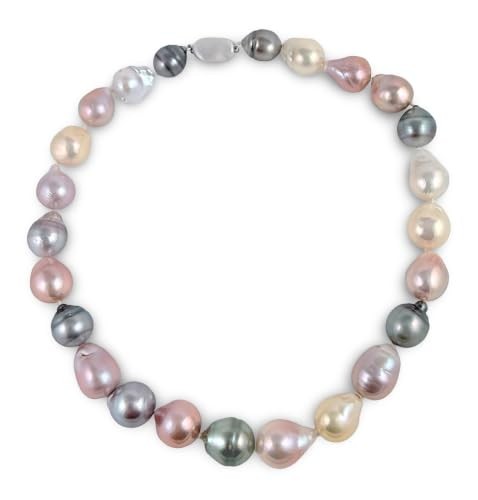 12-15mm Multicolor Tahitian & Freshwater Pearl Necklace AA+ 925 Silver Clasp 18″