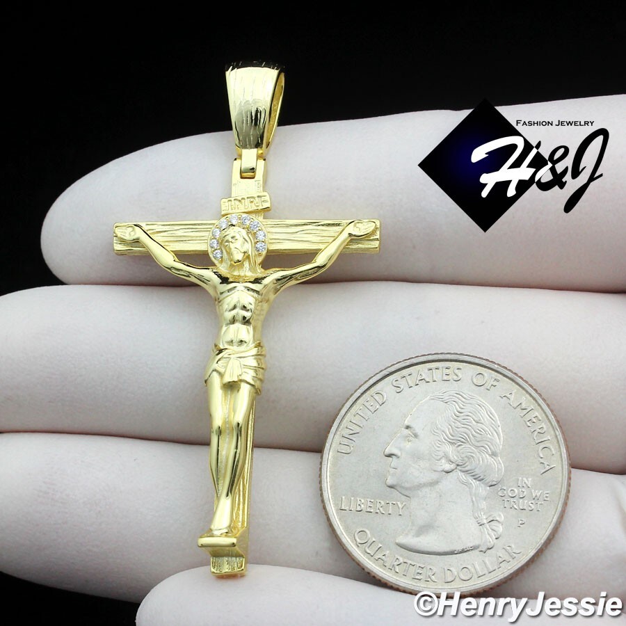 MEN 925 STERLING SILVER 3D GOLD PLATED JESUS CHRIST CROSS CRUCIFIX PENDANT*GP423