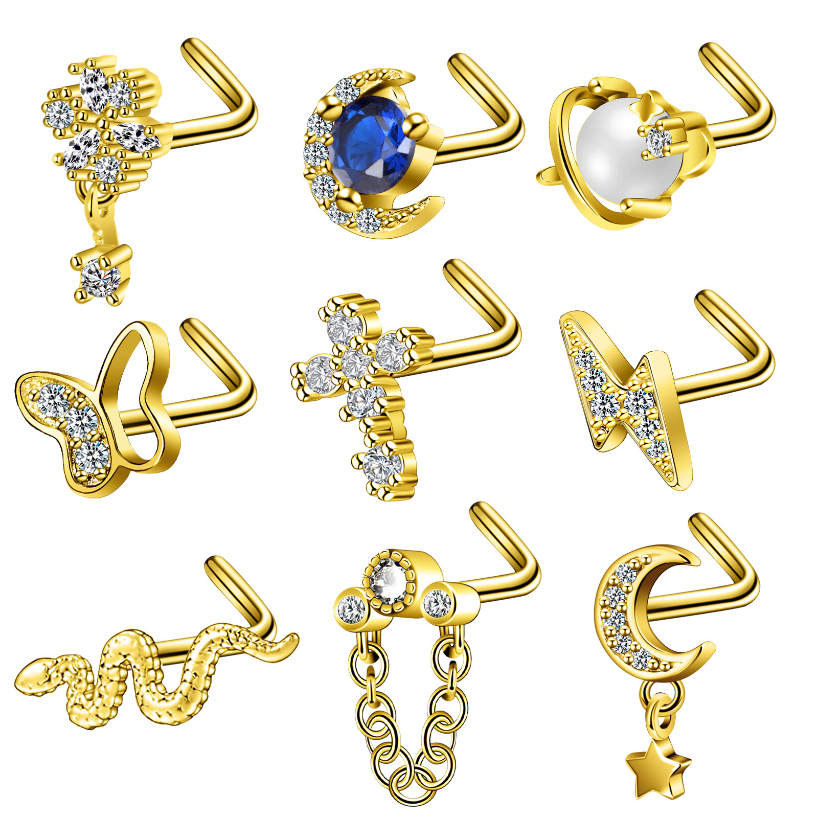 9 Pcs CZ L Bend Screw Bone Nose Studs Surgical Steel Pin Nose Ring 20G Piercing