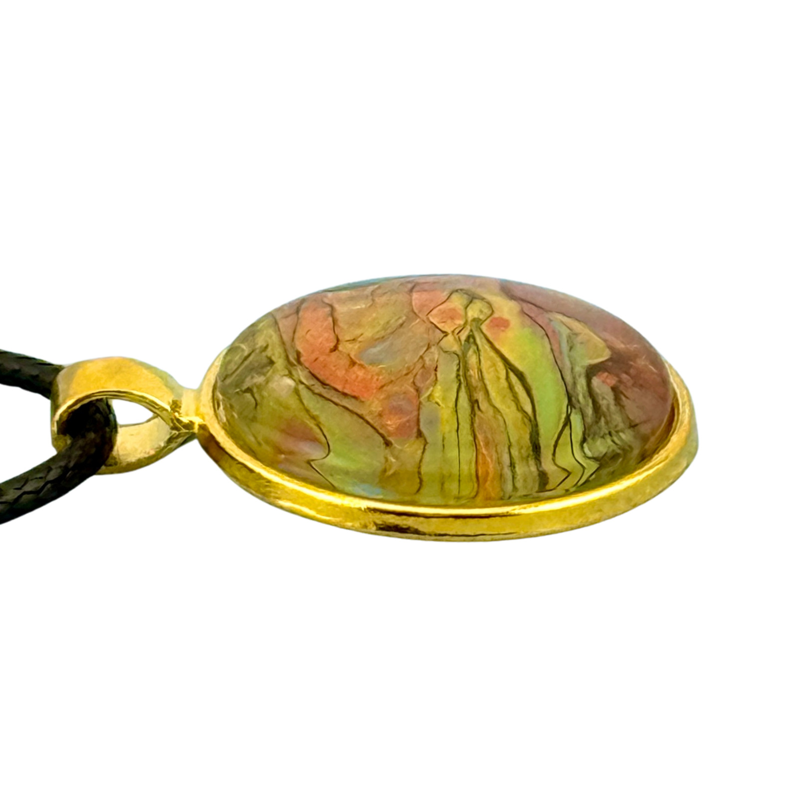 Pendant Necklace Handmade “Agate Sands” Gold Bezel 25mm Black Cord