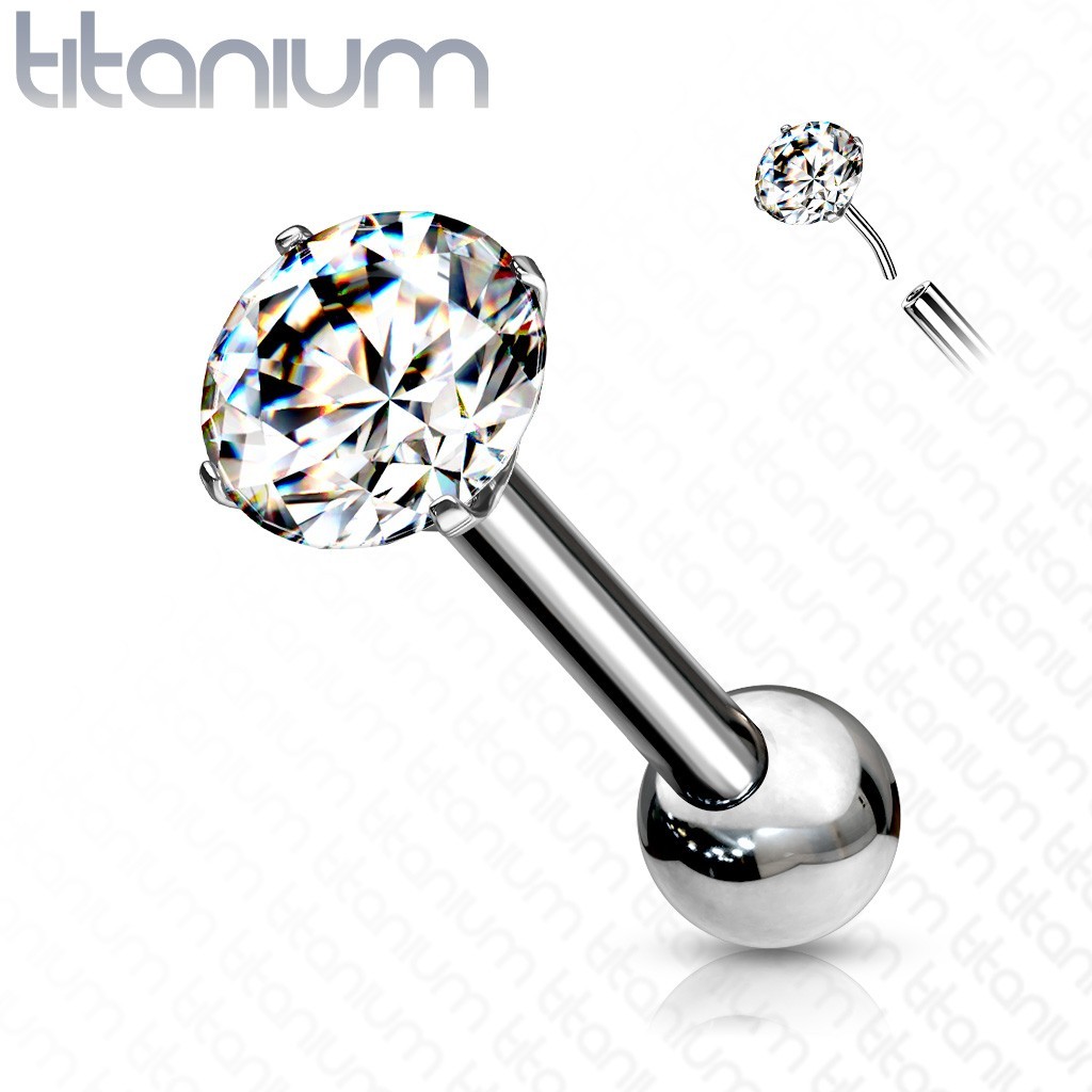 Implant Grade Titanium Threadless Push In Barbell W/ CZ Ball For Ear Cartilage
