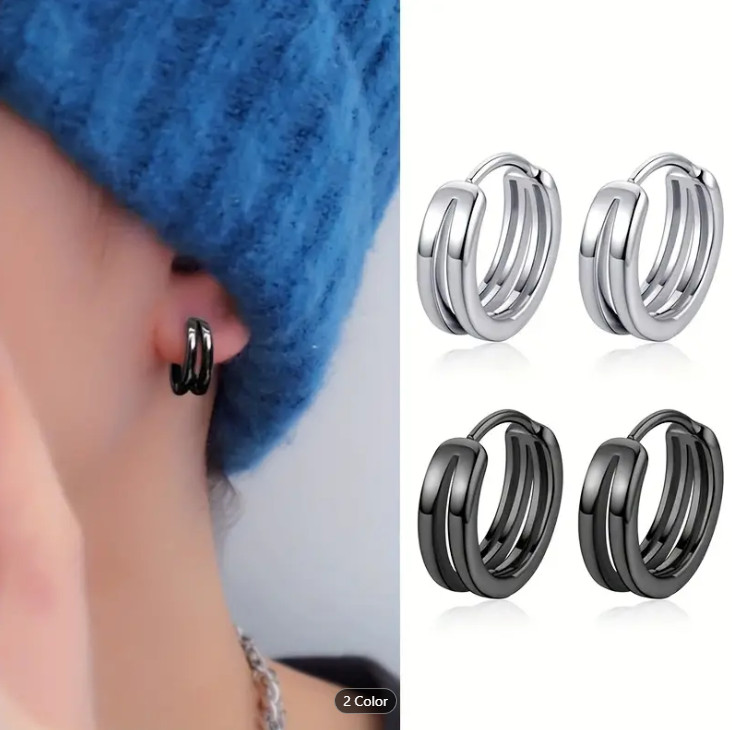 Women Men Sterling Silver Plated Double Lines Huggie Hoop Earrings 15mm G3