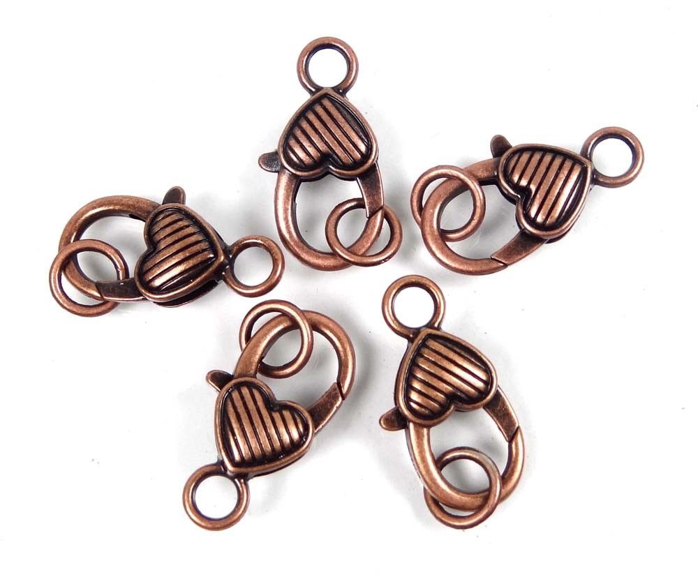 27x13mm Large Antique Copper Pewter Striped Heart Lobster Claw Clasps (4)
