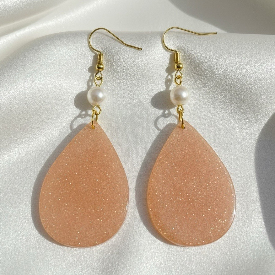 Peach Resin Teardrop Dangle/Drop Earrings w/ Imitation Pearl Accents Hook
