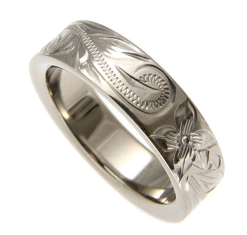 TITANIUM HAND ENGRAVED HAWAIIAN PLUMERIA SCROLL BAND RING 6MM