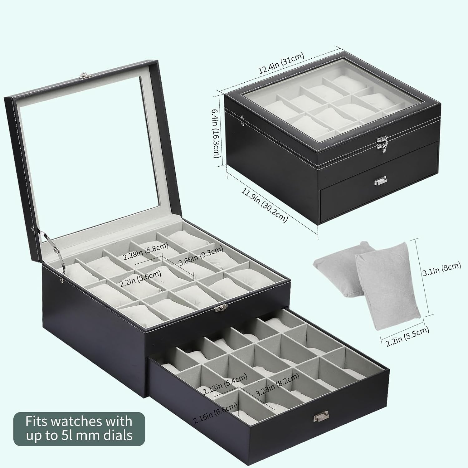Watch Box Organizer with Glass Top & Lockable Drawer,2 Layers Holds 30 Watches
