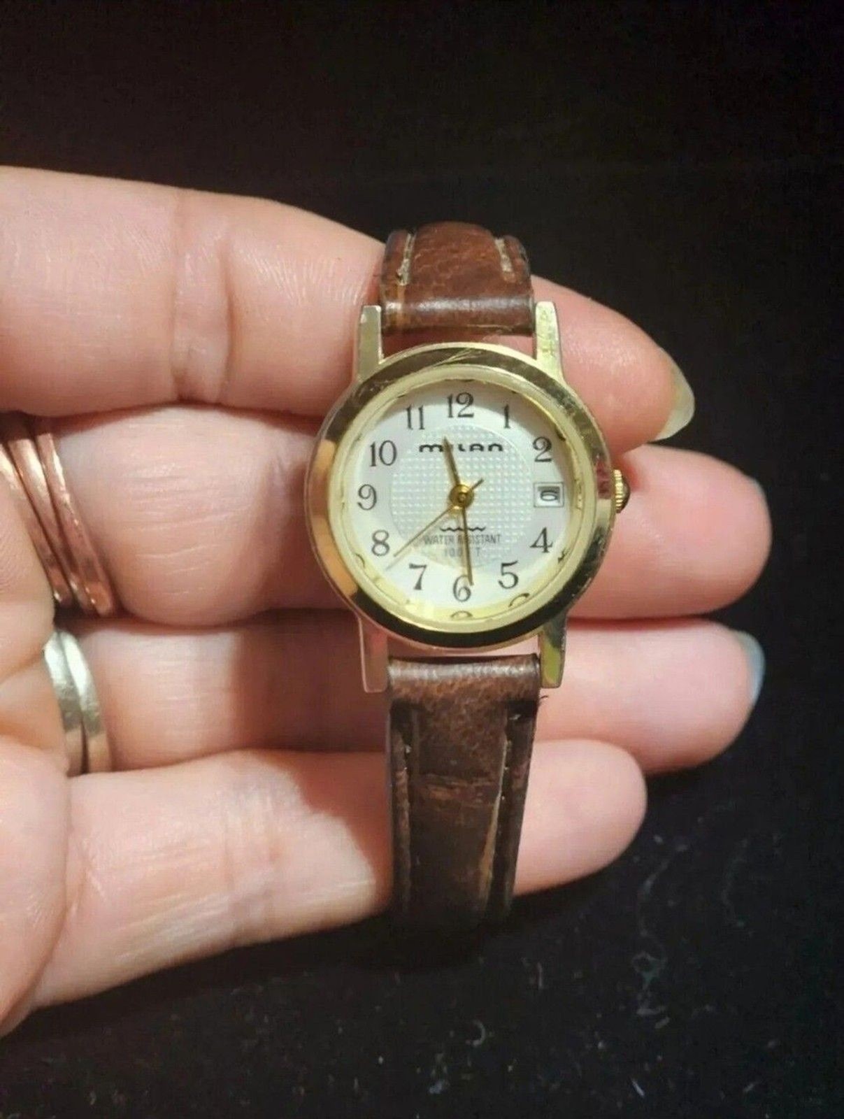 Milan Women’s Watch Date Indicator Goldtone Bezel Brown Band