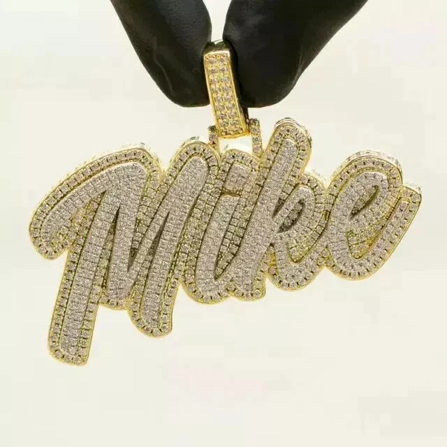 3.30 Ct Round Cut Real Moissanite Customize Name Pendant 14K Yellow Gold Plated