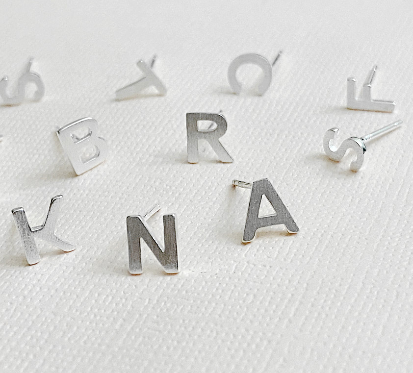 S925 Sterling Silver Satin Finish Alphabet Letter Initial Stud Earrings