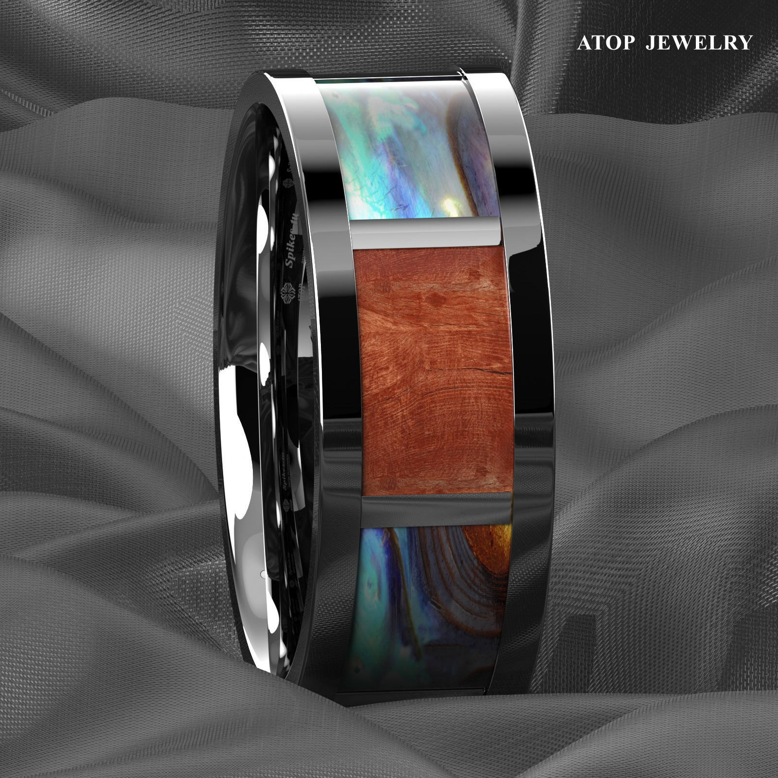 ATOP Men Silver Tungsten Wedding Ring Real Wood Abalone Shell for Beach Memories