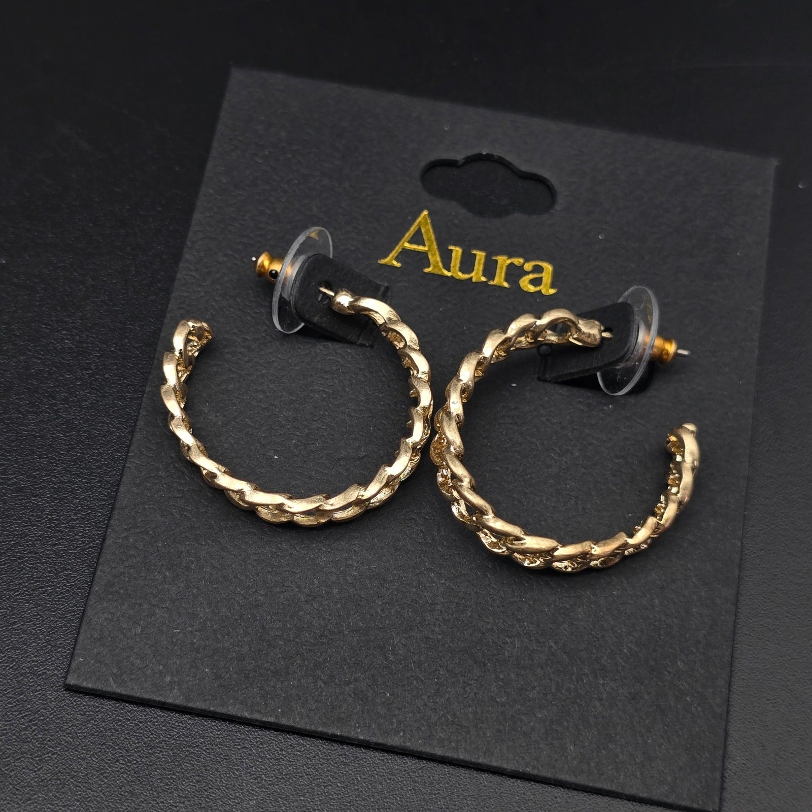 Gold Tone Cuban Link Chain Hoop Earrings NWT On Card