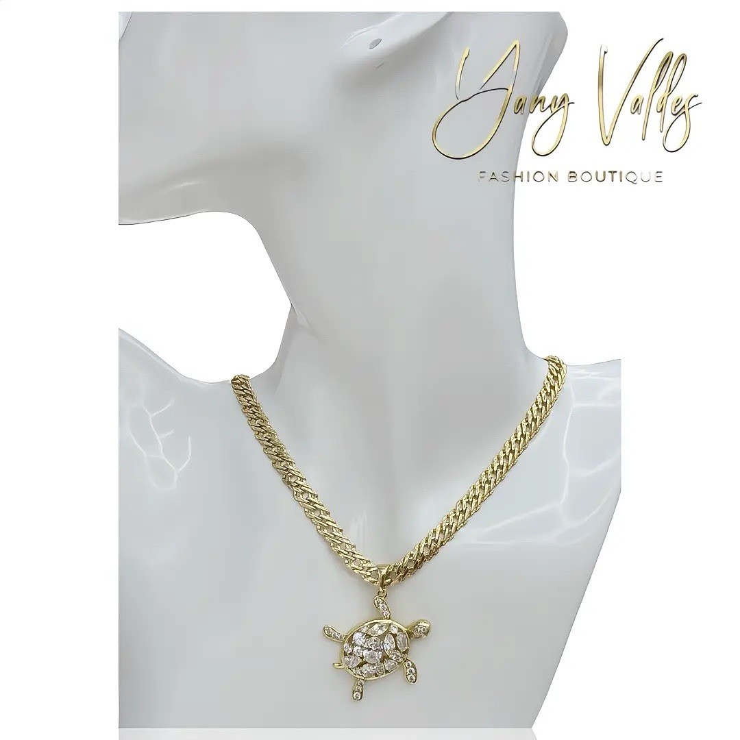 18” Spanish Link Chain Turtle Pendant Clear CZ 14K Gold Filled Necklace