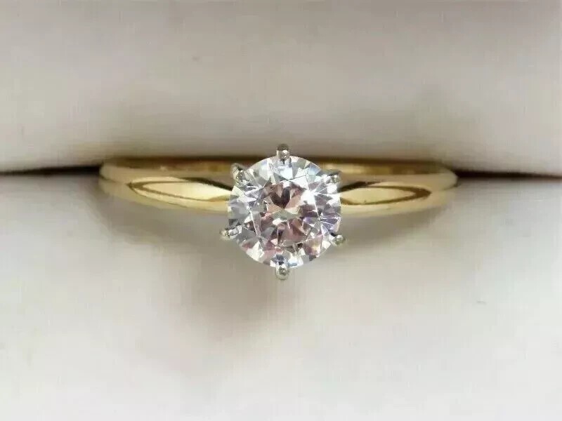 Real Moissanite 1Ct Round Cut Solitaire Engagement Ring 14K Yellow Gold Plated