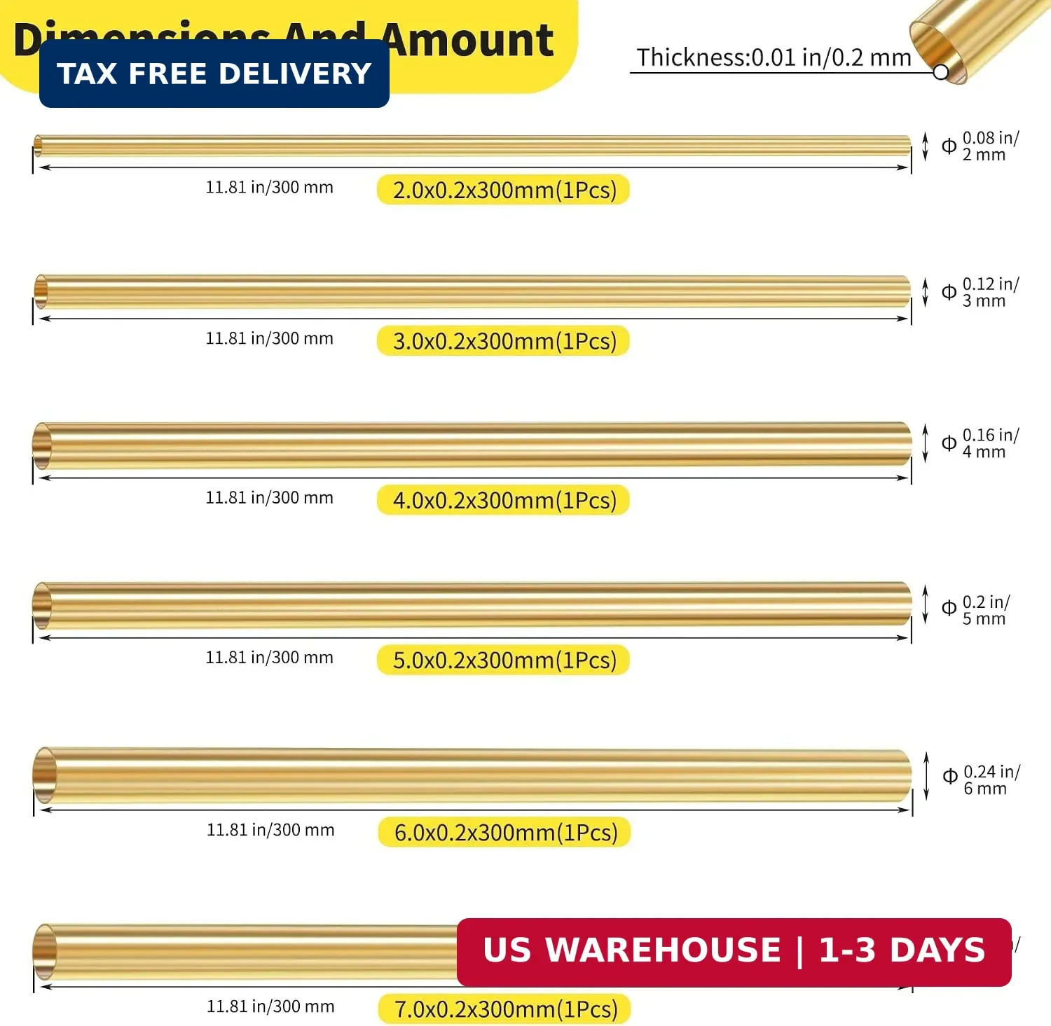 6 Pcs Brass Seamless Round Tube Set 2mm 3mm 4mm 5mm 6mm 7mm×0.2mm×300mm(OD×Thick