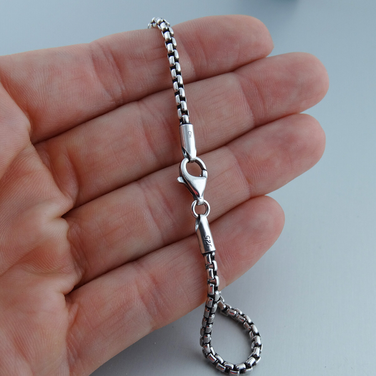 2.5mm Oxidized Round Box Chain – 925 Sterling Silver – Antiqued Blackened Mens
