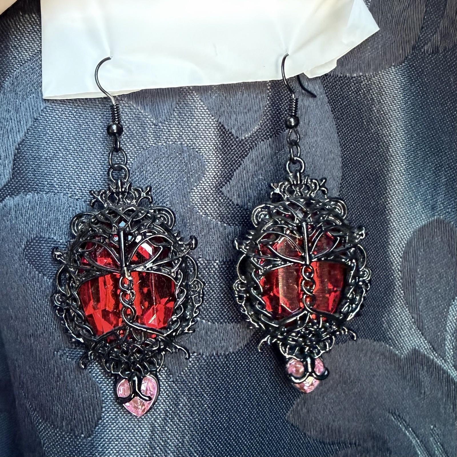 Black Gothic Dangle Hook Earrings Red Oval Crystals
