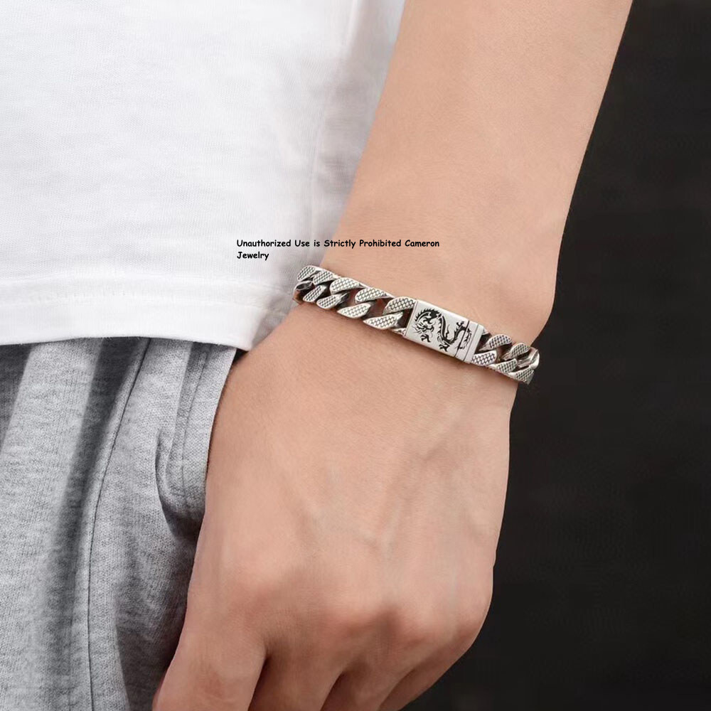 Pure S925 Sterling Silver Chain 9mm Dragon Pattern Curb Link Bracelet 7in-9in