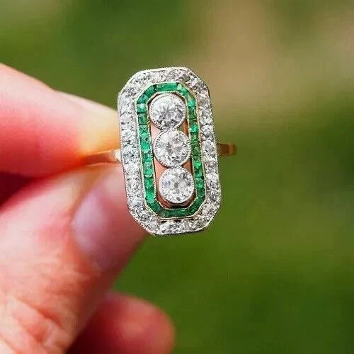 Art Deco Style Lab Created Diamond & Emerald Engagement 14K White Gold FN Ring