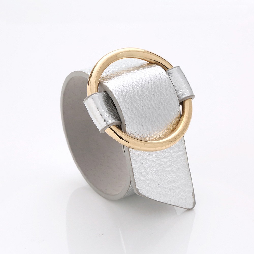 Women Leather Bracelet Adjustable Cuff Bangle Gold Circle O Ring Fashion Jewelry