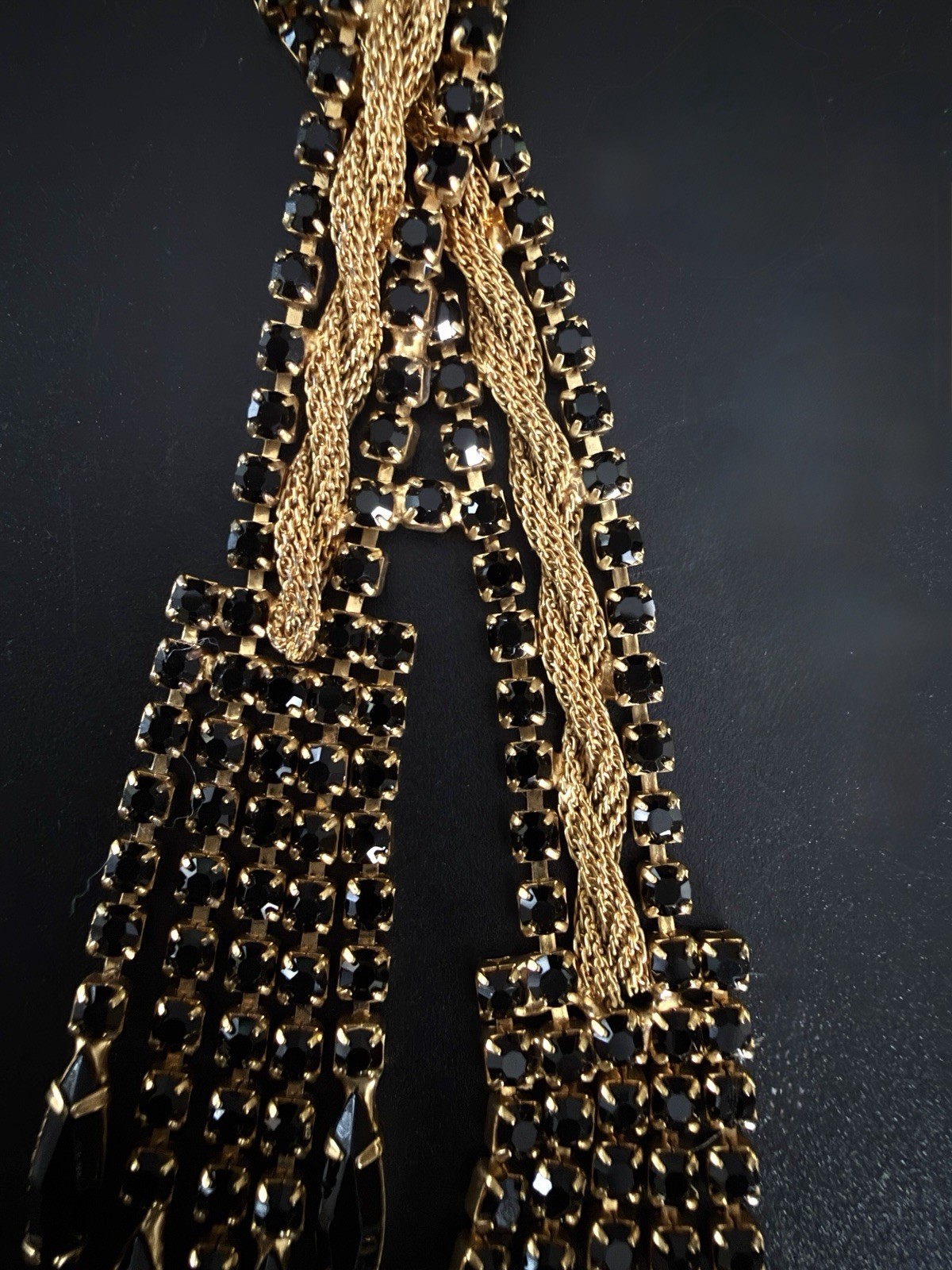Vtg 50’s 60’s Fixed Lariat Waterfall Necklace Gold Mesh Black Rhinestone Tassel!