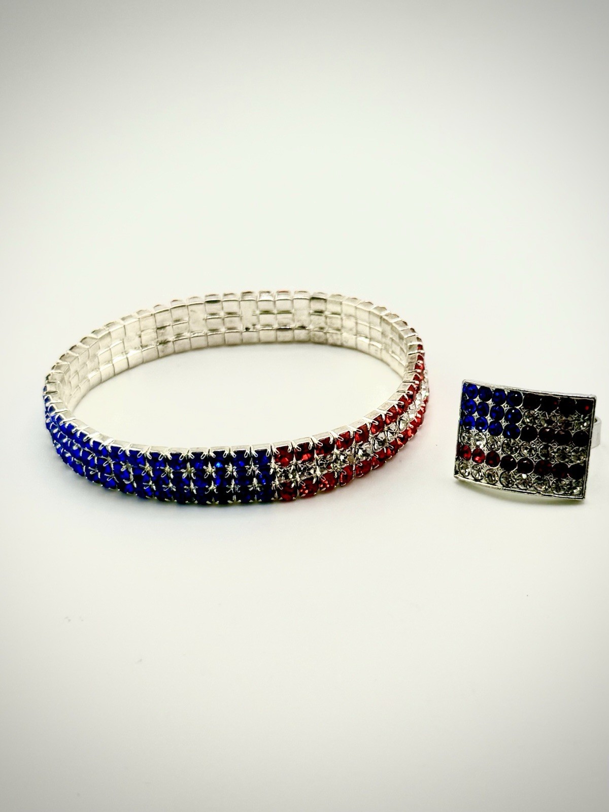 Sliver Tone American Patriotic Red White And Blue Crystal Bracelet And Ring Set