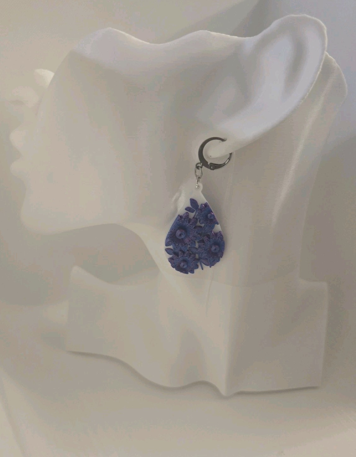 Purple Flower Earrings 3D Print Stainless Steel Lever Back Tear Drop Dangle