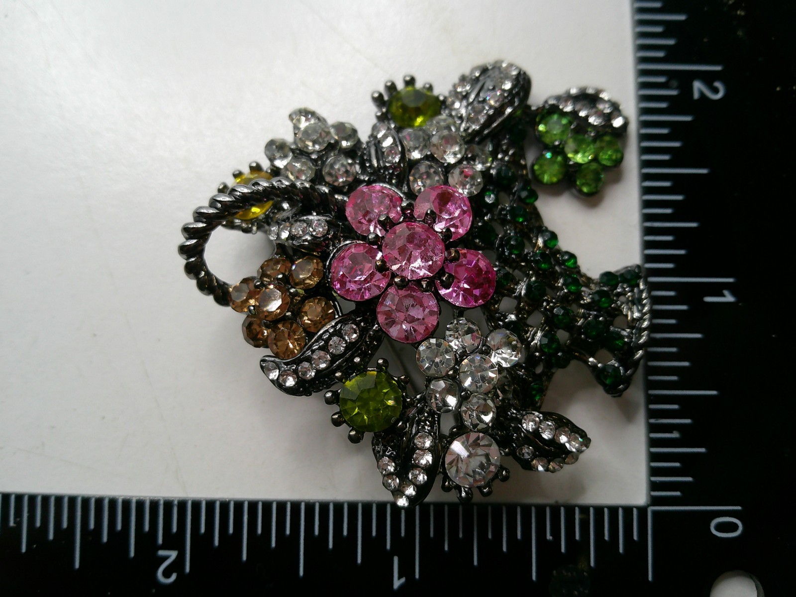 Rhinestone Flower Basket brooch Pin with dangler ~ 2″ (F8)