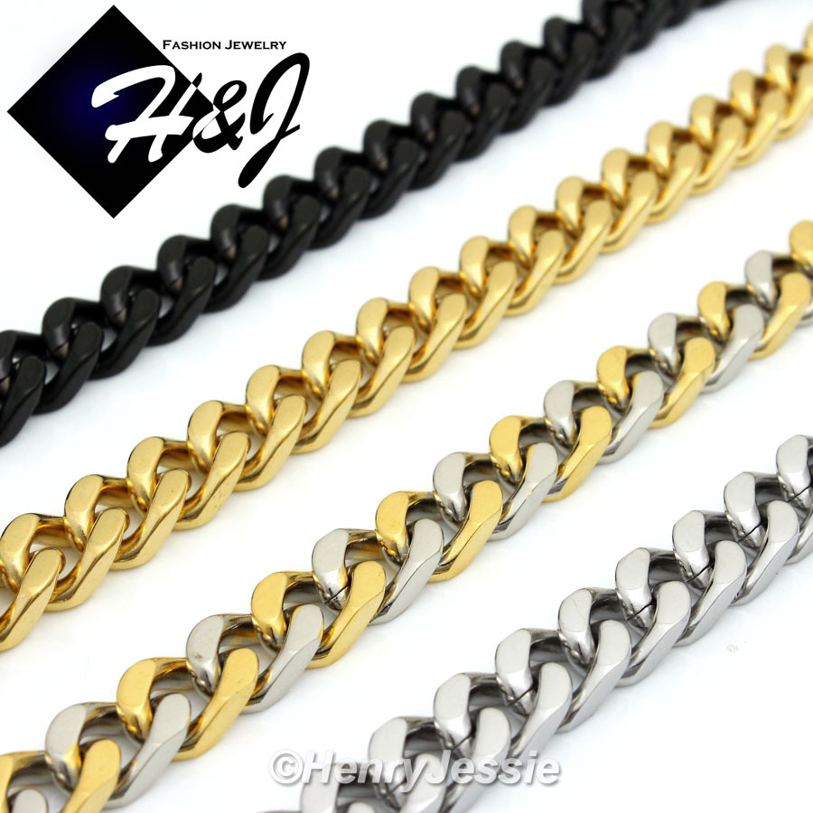 7.5-11″MEN Stainless Steel 9mm Silver/Gold/Black Plated Cuban Curb Link Bracelet