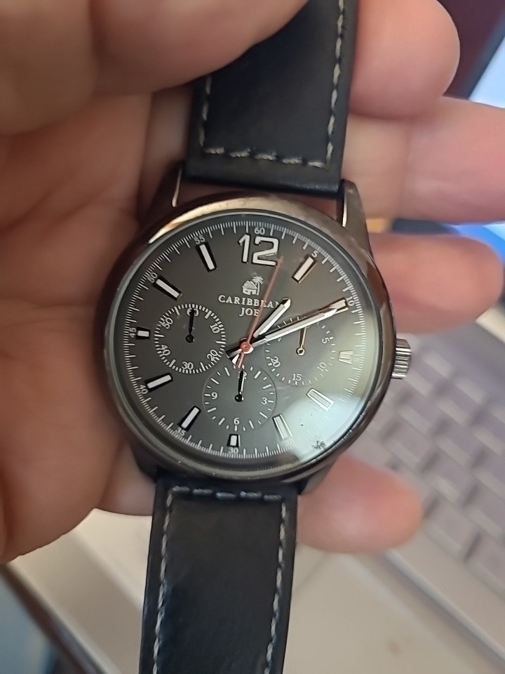 Caribbean Joe Watch Men 42mm Case Black Faux Leather Band- New Battery..RUNNING