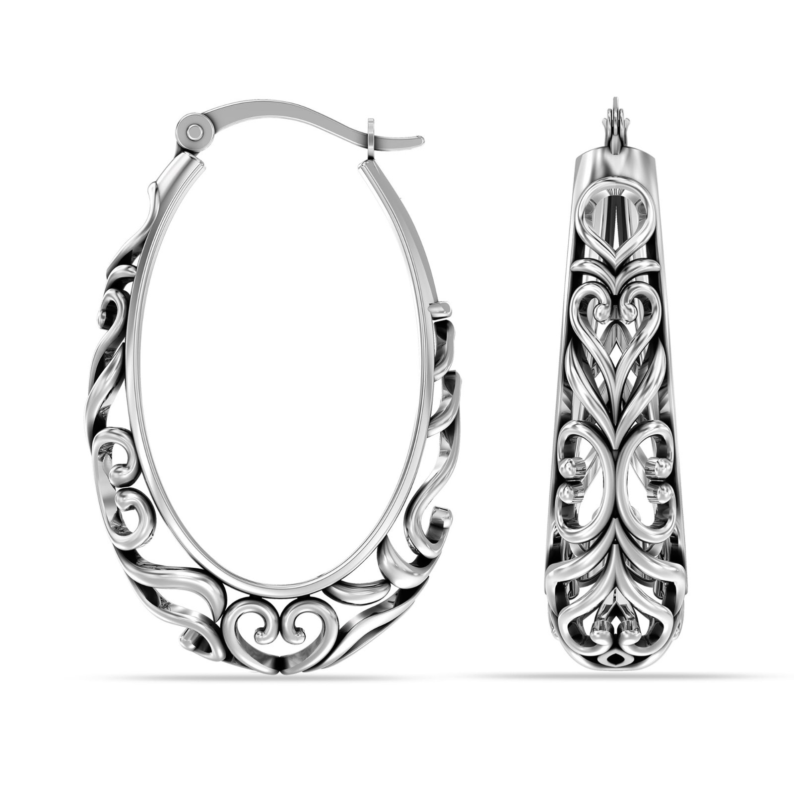 LeCalla 925 Sterling Silver Post Filigree Oval Hoop Earrings for Women Teen 32mm