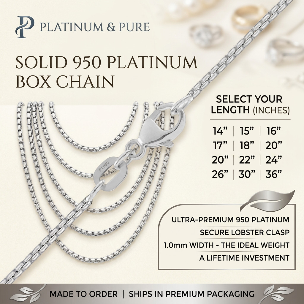 950 Platinum Solid Venetian Box Chain Necklace 1mm Width