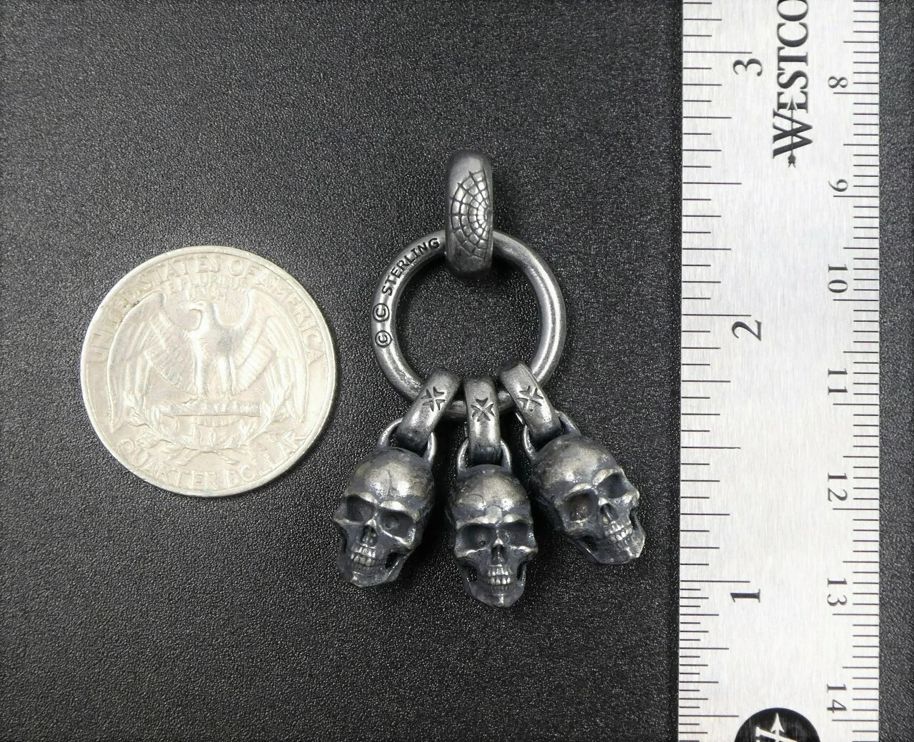 Black Silver Three Skulls on Ring Pendant Men Gothic Biker