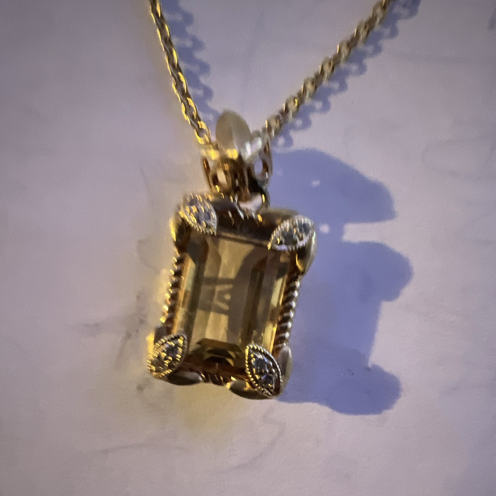 Gold Tone Metal Cable Chain Necklace Yellow Emerald-Cut Crystal Charm Pendant