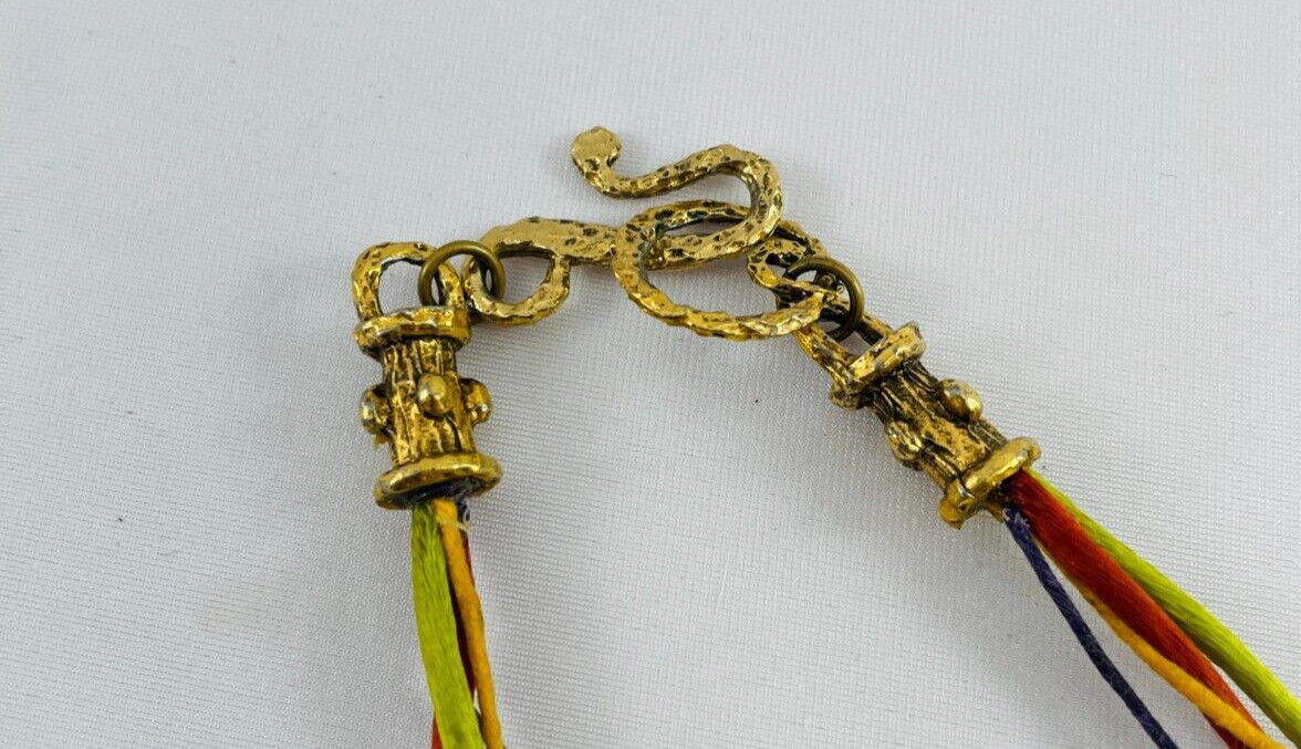 Multi Strand Beaded Charm Necklace Silk Cord Hammered Gold Tone Hook Clasp