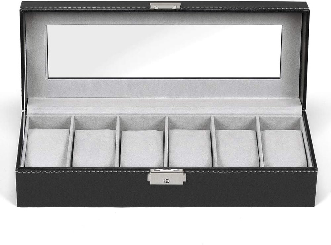 6 Slots Watch Box Organizer for Men, Black Watch Holder Stand Display Storage Ca