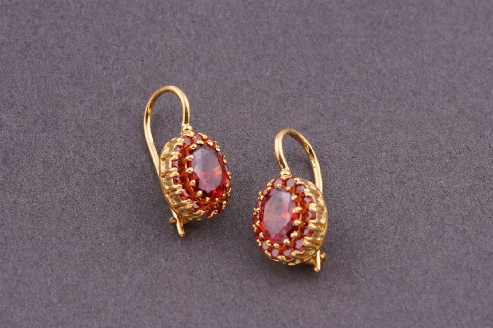 Oval Cut Lab Created Red Ruby Women’s Drop Dangle Earring 14k Yellow Gold Plated
