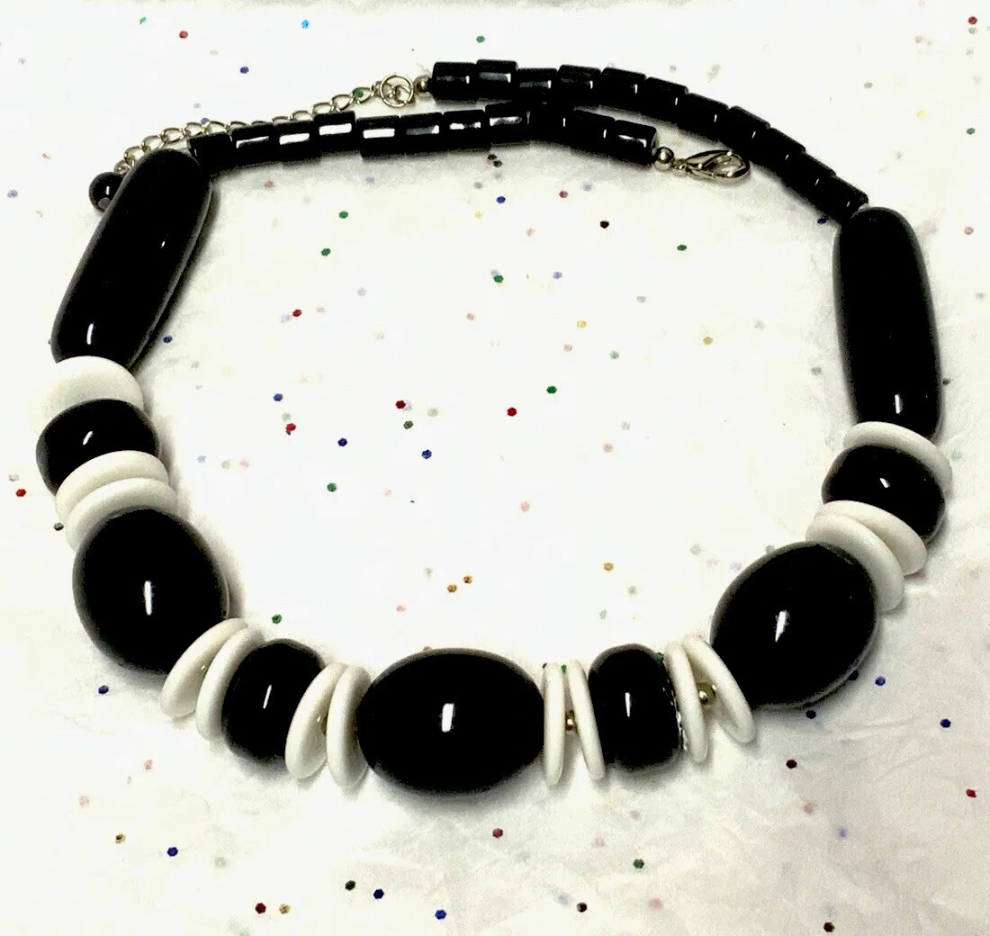 Vintage To Mod Black-White Plastic/Acrylic/Lucite/Crystal Bead Necklace {13~Lot}