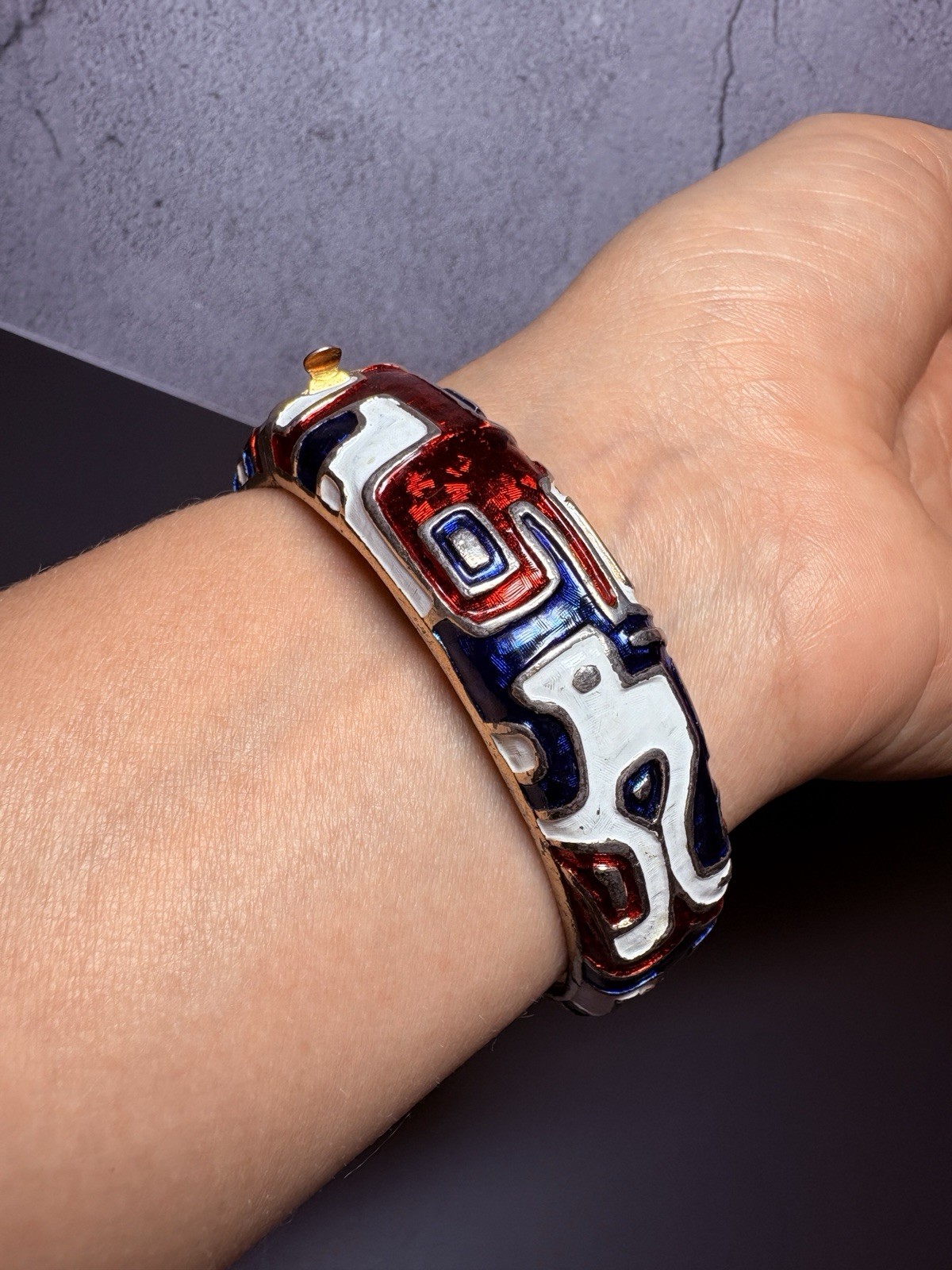 Vintage Marcel Boucher Red White Blue Enamel Hinged Bangle Bracelet Patriotic