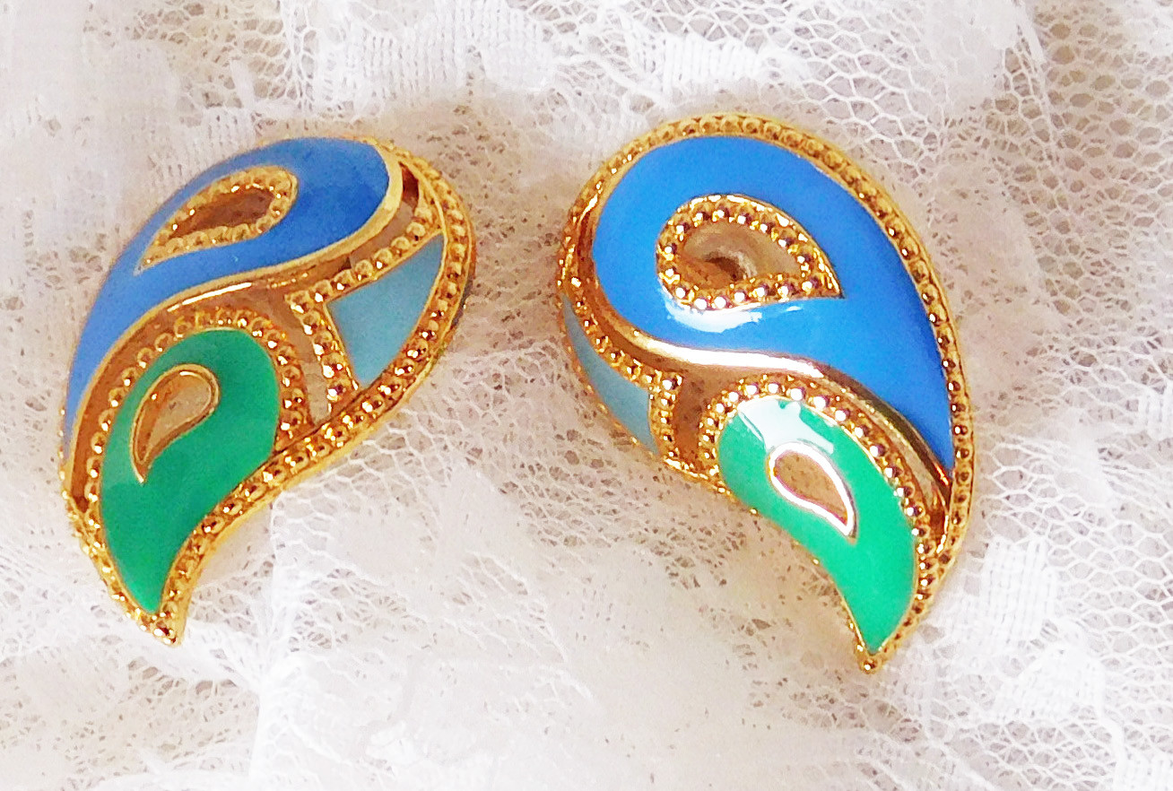 Blue Green Gold Enameled Post Type Pierced Earrings 1 1/2″ x 1″ Classic