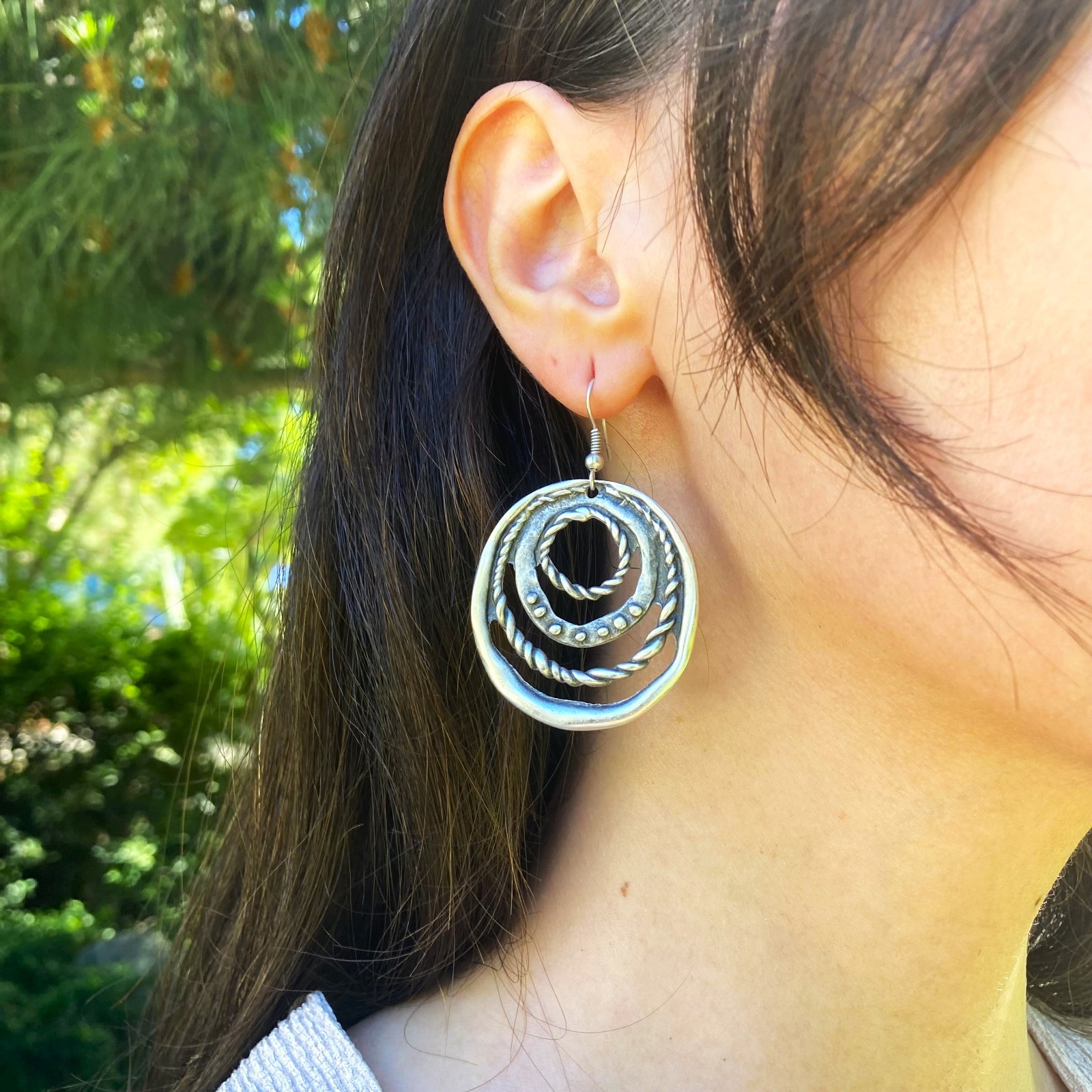 Ancient Silver Labyrinth Hoop Dangle Earrings Boho Tribal Concentric Circles