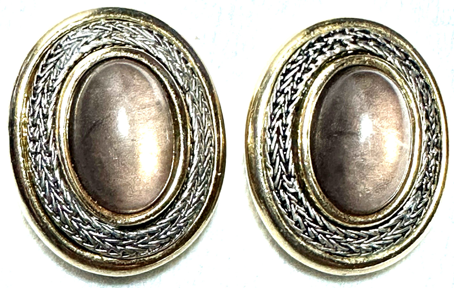 Vintage Gold & Silver Tone Lucite Brown Oval Clip on Earrings